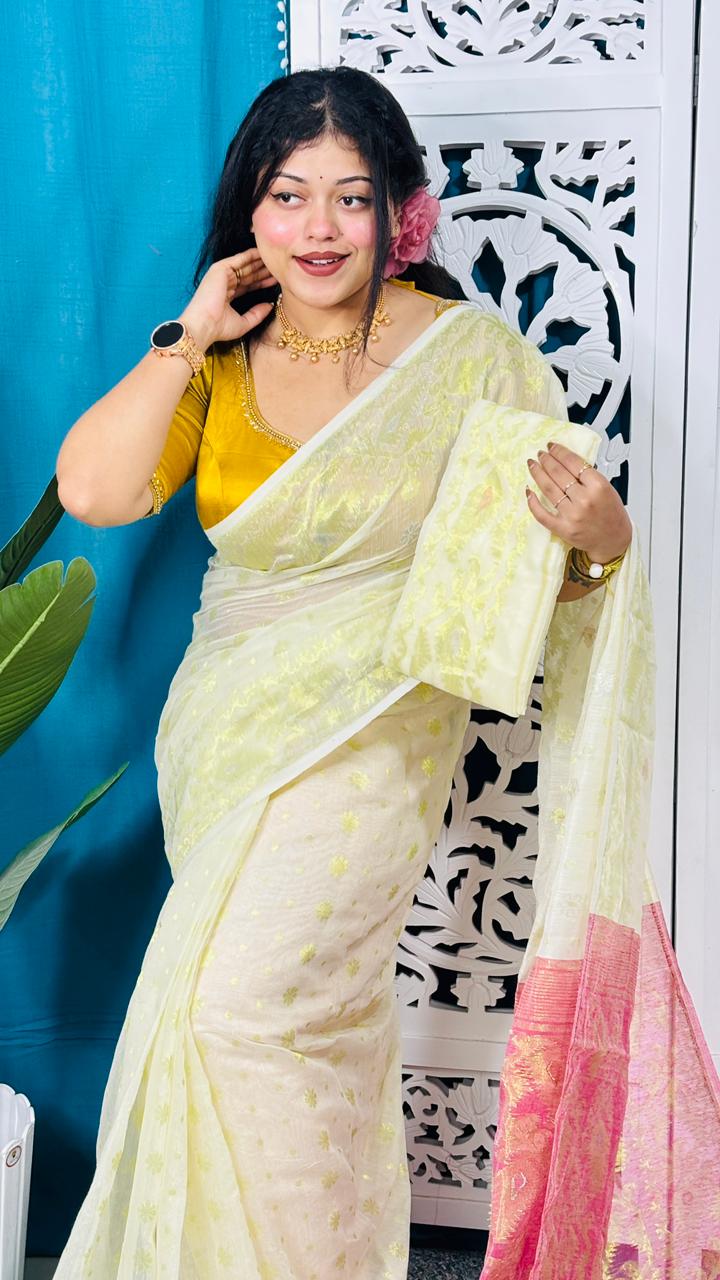 Off White Soft Golden Buti Jamdani Sari With Blouse Piece