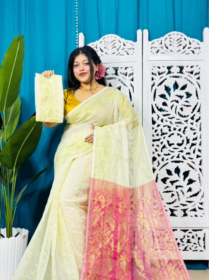 Off White Soft Golden Buti Jamdani Sari With Blouse Piece