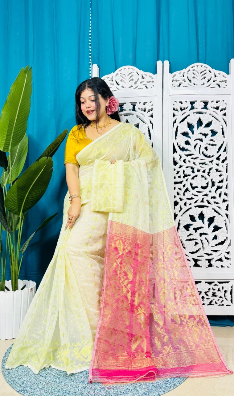 Off White Soft Golden Buti Jamdani Sari With Blouse Piece