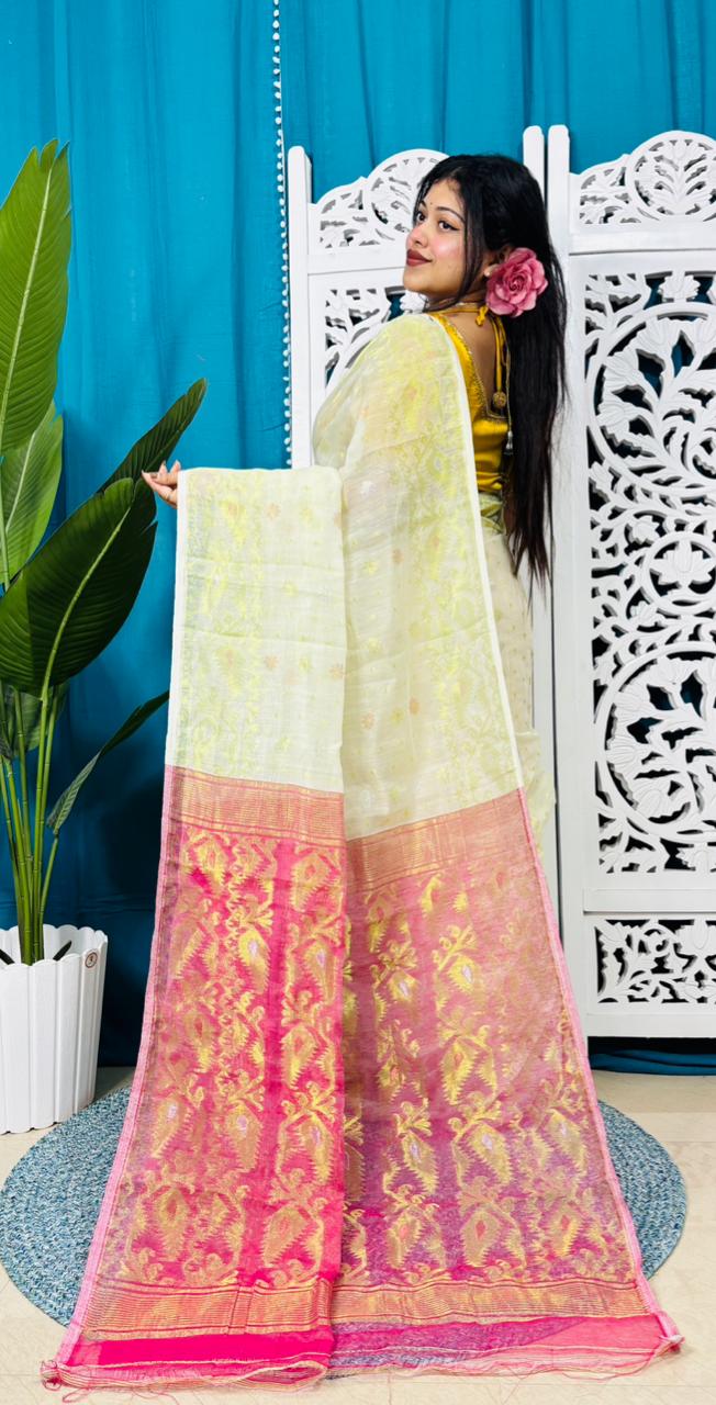 Off White Soft Golden Buti Jamdani Sari With Blouse Piece