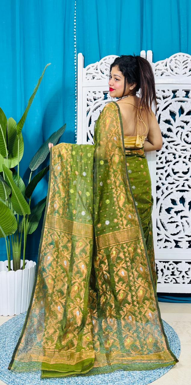 Olive Soft Golden Buti Jamdani Sari With Blouse Piece