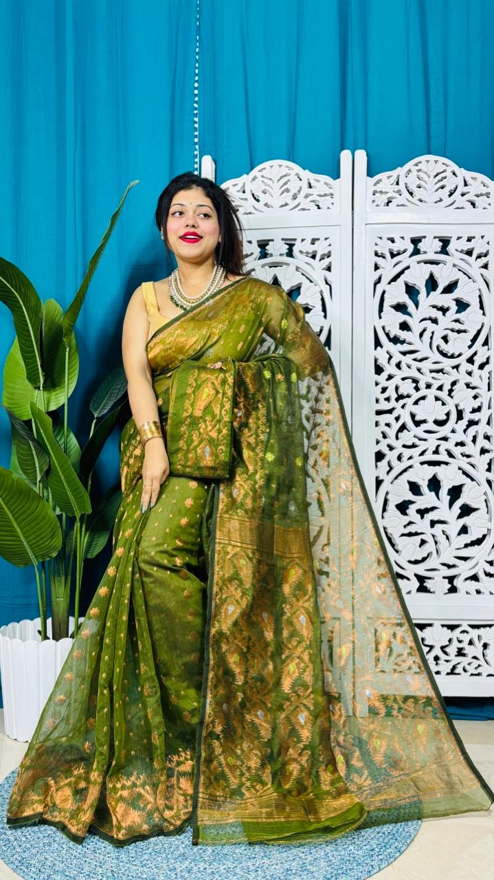 Olive Soft Golden Buti Jamdani Sari With Blouse Piece