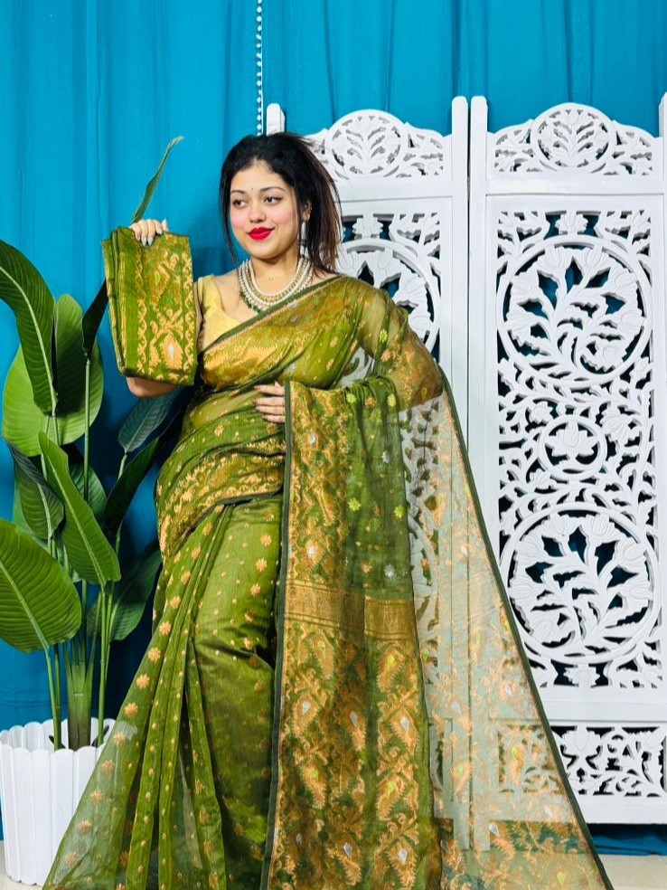 Olive Soft Golden Buti Jamdani Sari With Blouse Piece