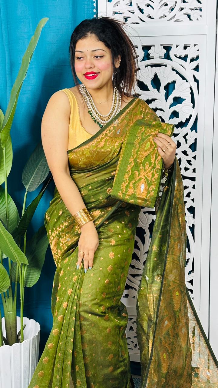 Olive Soft Golden Buti Jamdani Sari With Blouse Piece