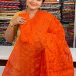 Orangy Red Soft Buti Jamdani Sari With Blouse Piece