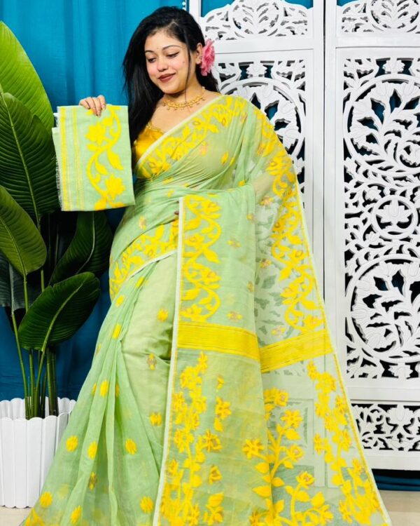 Pale Olive Soft Lota Jamdani Sari With Blouse Piece