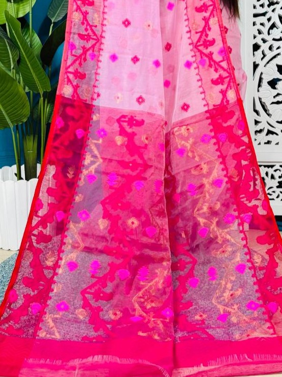 Persian Pink Korat Buti Soft Jamdani Sari With Blouse Piece