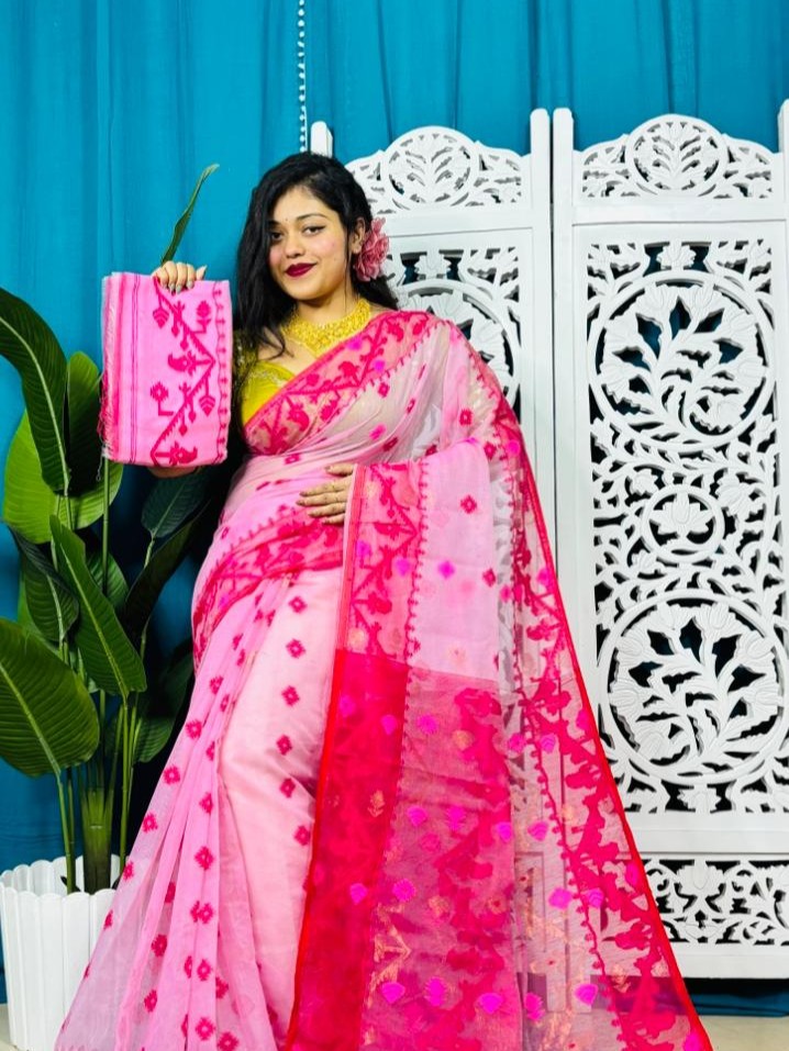 Persian Pink Korat Buti Soft Jamdani Sari With Blouse Piece