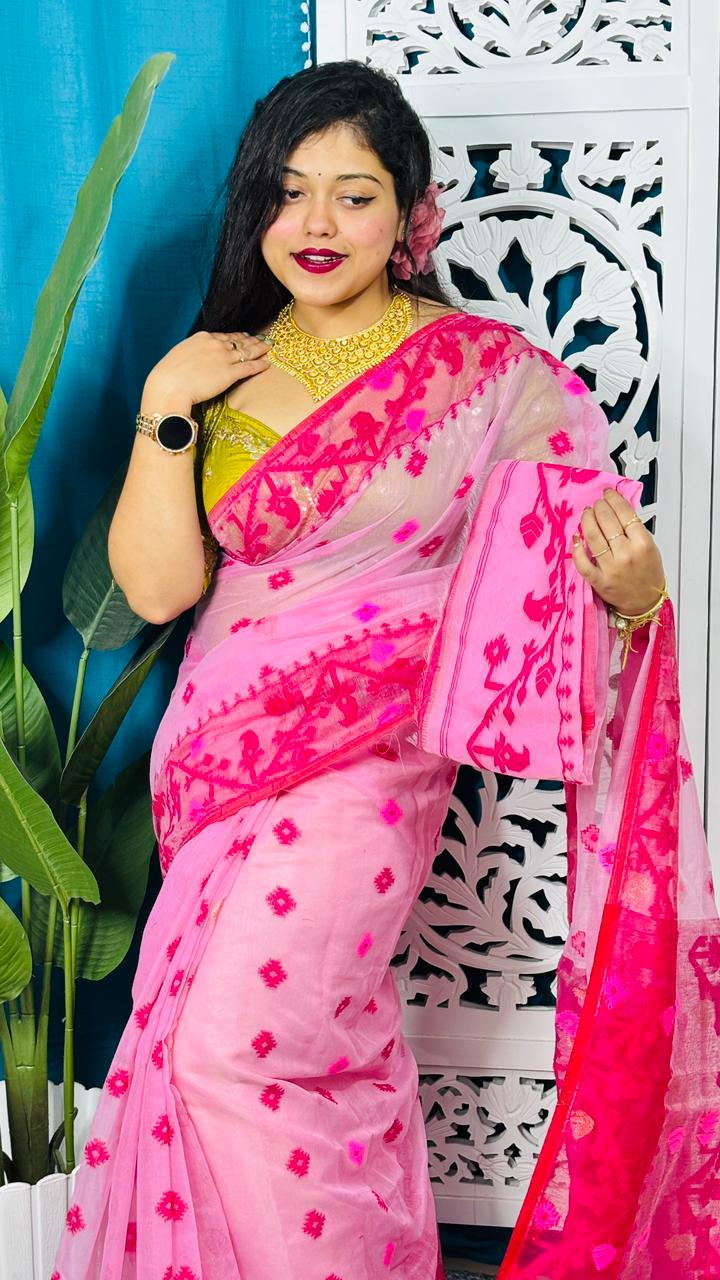 Persian Pink Korat Buti Soft Jamdani Sari With Blouse Piece