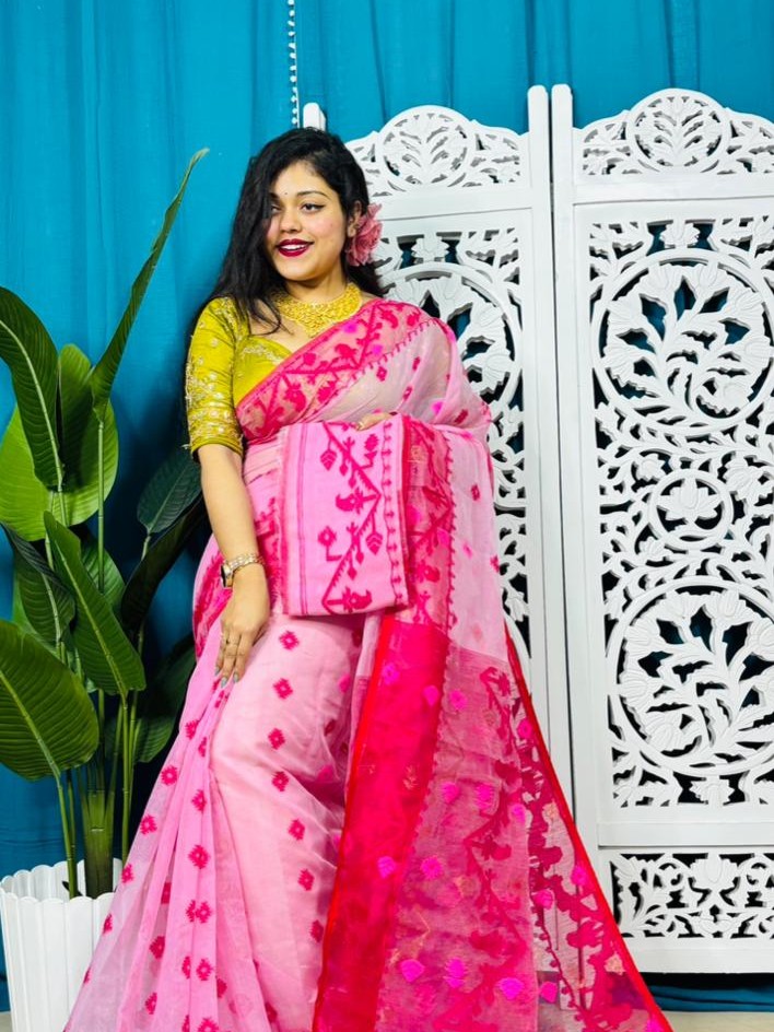 Persian Pink Korat Buti Soft Jamdani Sari With Blouse Piece