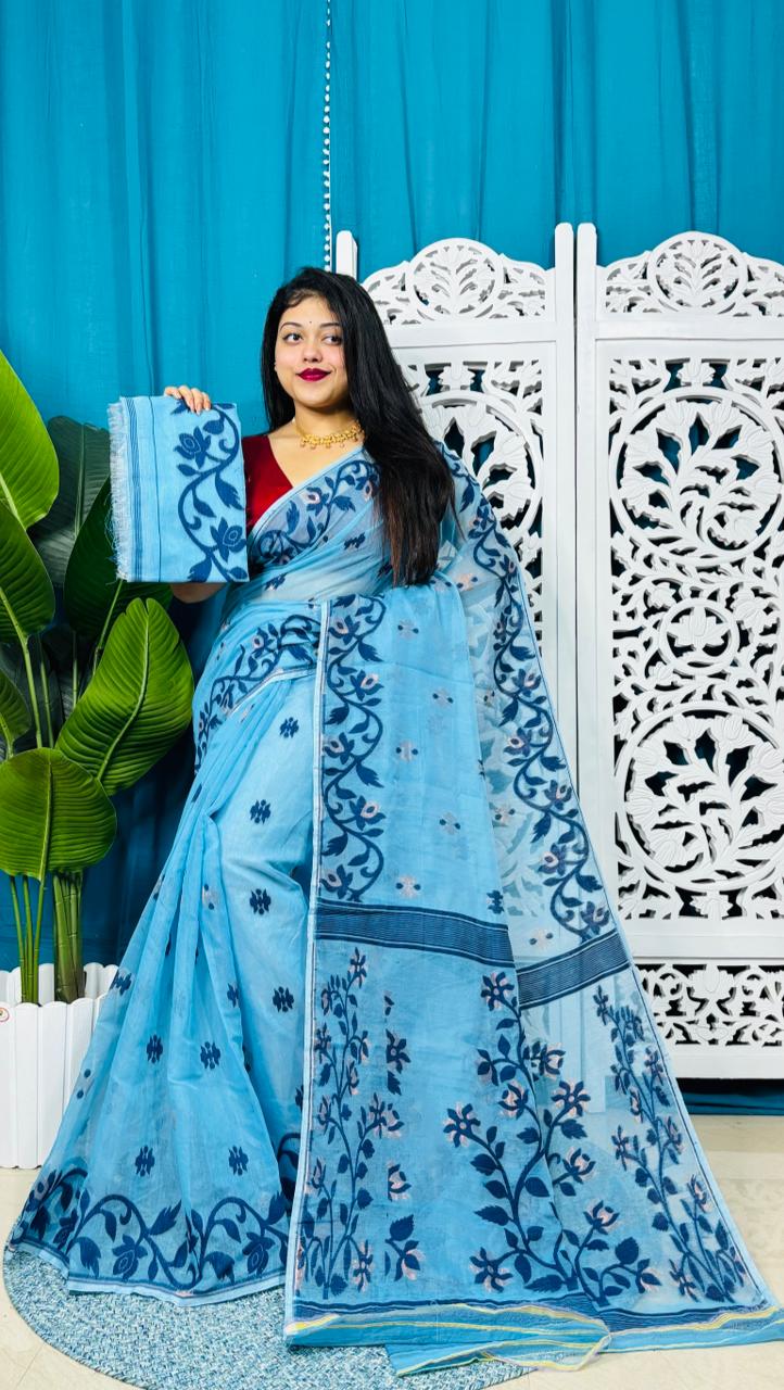 Picton Blue Soft Lota Jamdani Sari With Blouse Piece