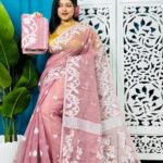 Pink Daisy Soft Lota Jamdani Sari With Blouse Piece