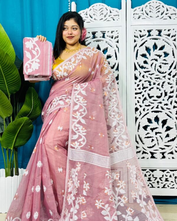Pink Daisy Soft Lota Jamdani Sari With Blouse Piece