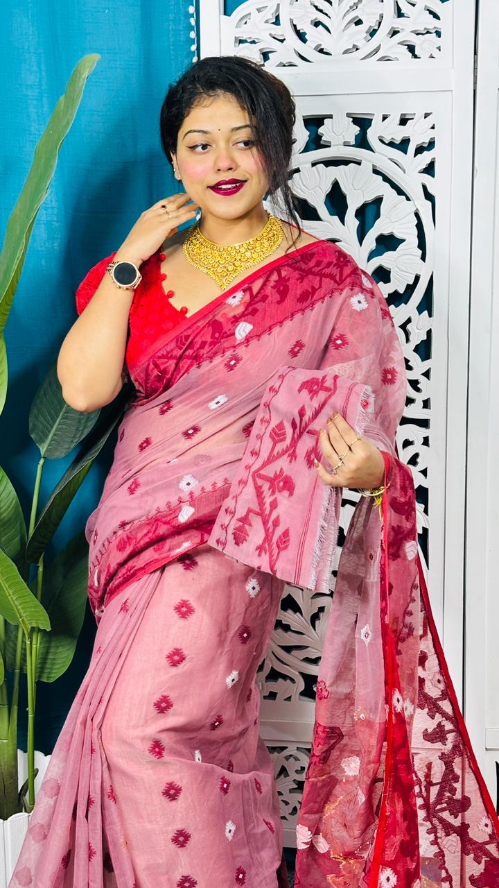 Pink Rose Korat Buti Soft Jamdani Sari With Blouse Piece