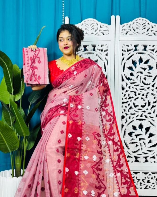Pink Rose Korat Buti Soft Jamdani Sari With Blouse Piece