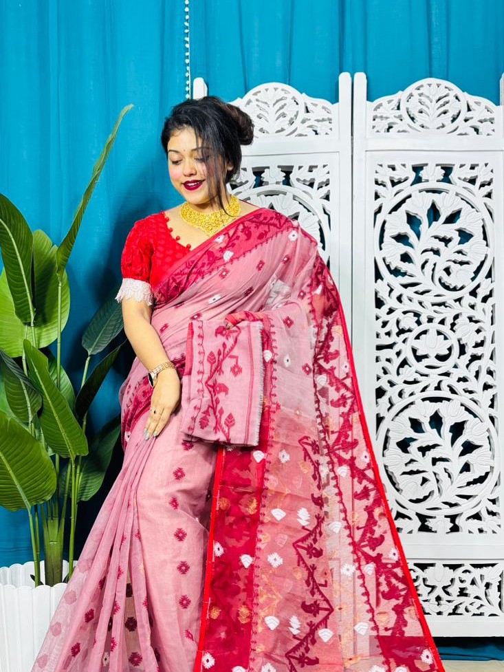 Pink Rose Korat Buti Soft Jamdani Sari With Blouse Piece