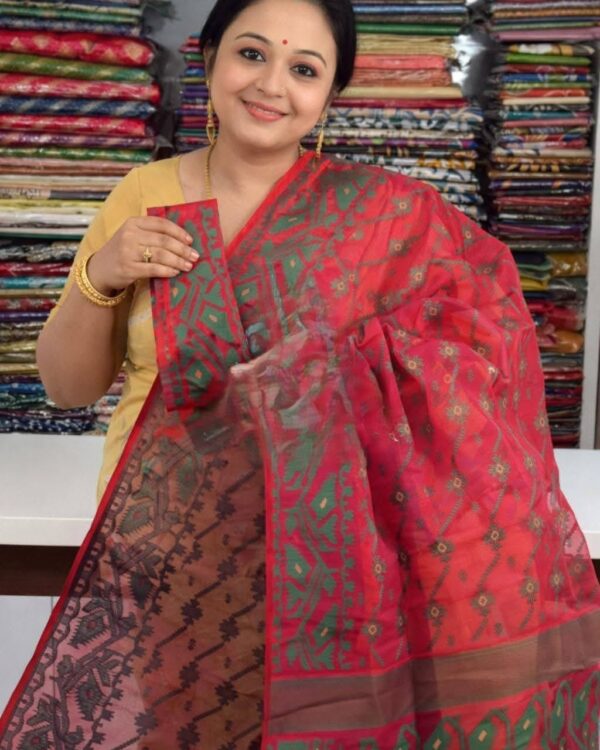 Pinkish Red Soft Buti Jamdani Sari With Blouse Piece