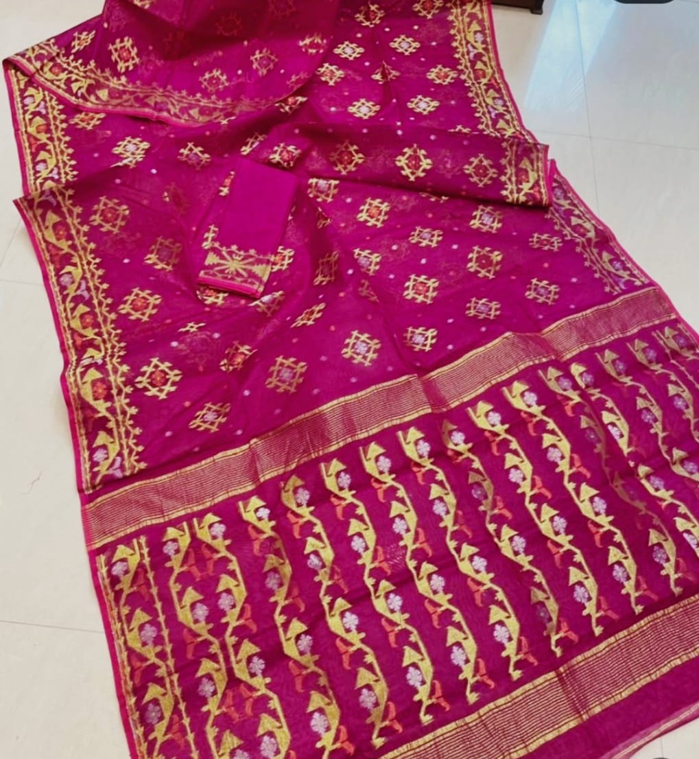 Purple Red Soft Joriwork Jamdani Sari With Blouse Piece