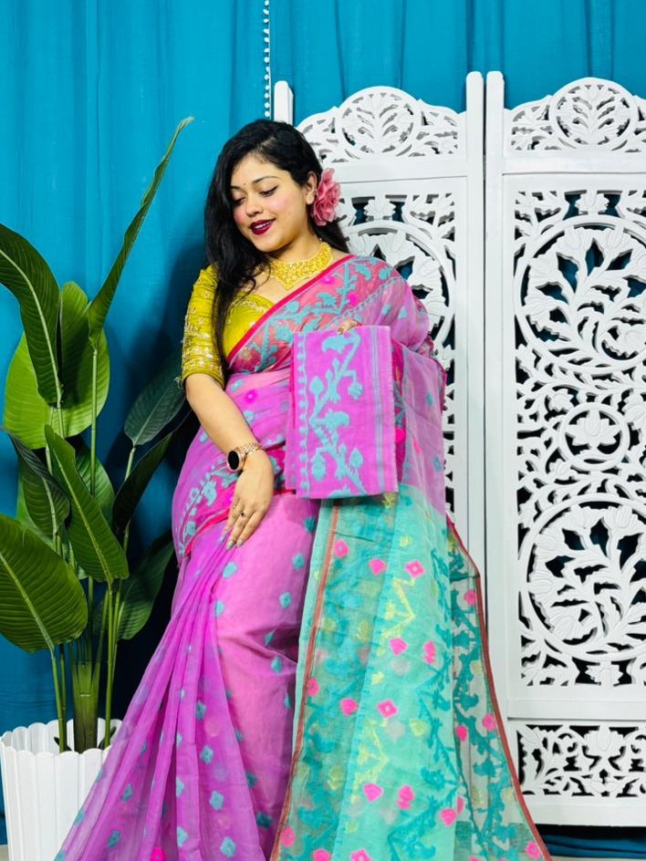 Purplish Pink Korat Buti Soft Jamdani Sari With Blouse Piece