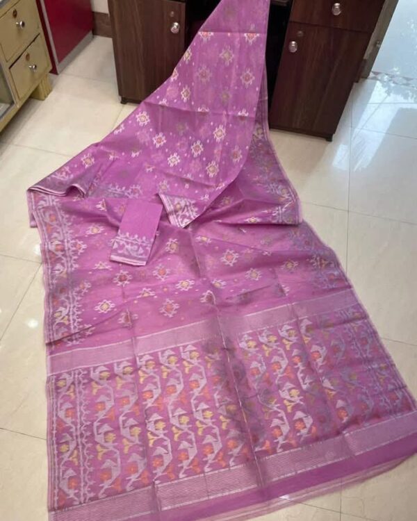 Purplish Pink Soft Joriwork Jamdani Sari With Blouse Piece