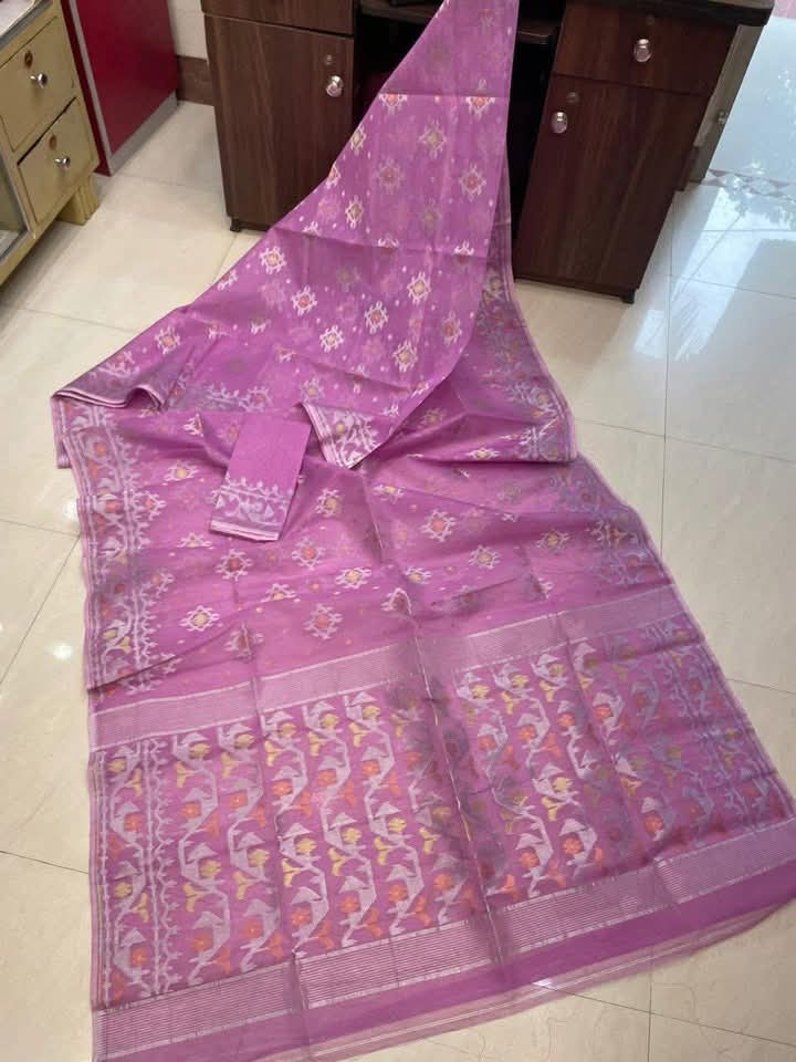 Purplish Pink Soft Joriwork Jamdani Sari With Blouse Piece