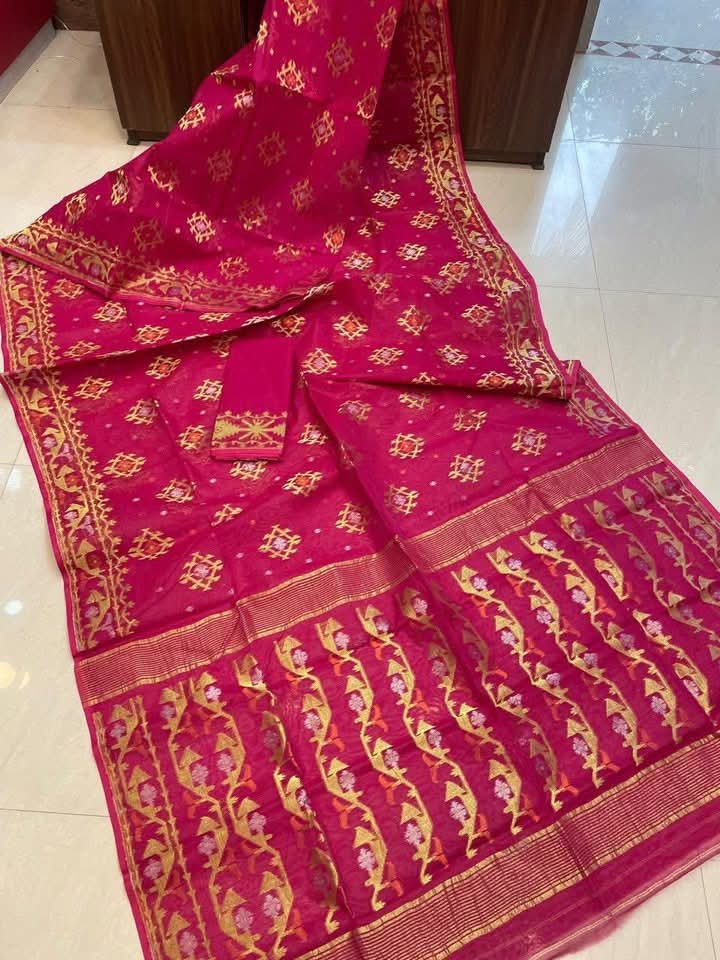 Purplish Red Soft Joriwork Jamdani Sari With Blouse Piece