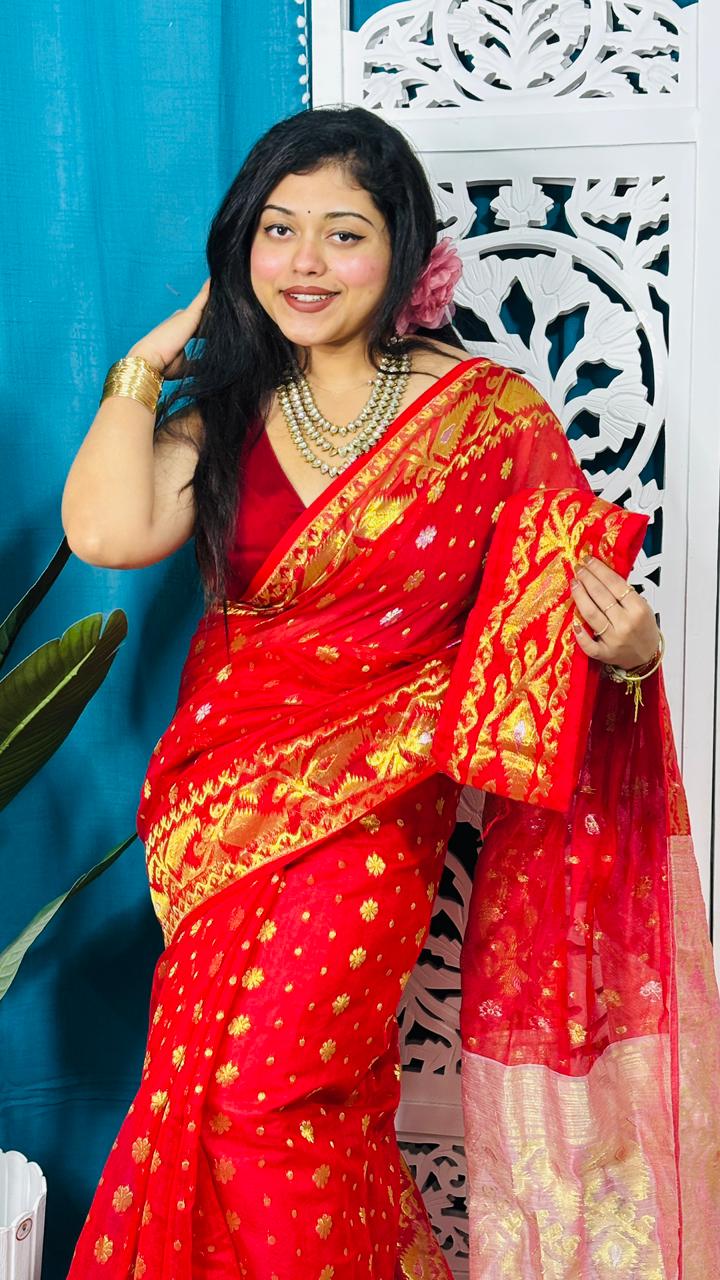 Red And White Soft Golden Buti Jamdani Sari With Blouse Piece