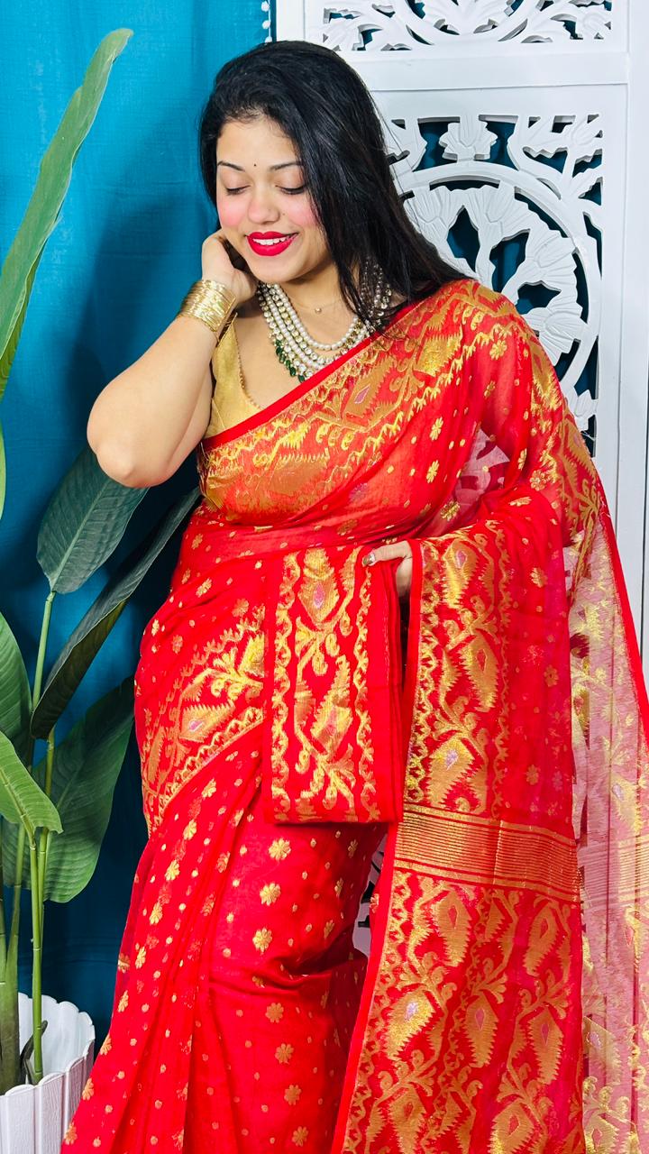 Red Soft Golden Buti Jamdani Sari With Blouse Piece