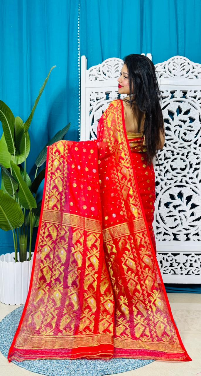 Red Soft Golden Buti Jamdani Sari With Blouse Piece