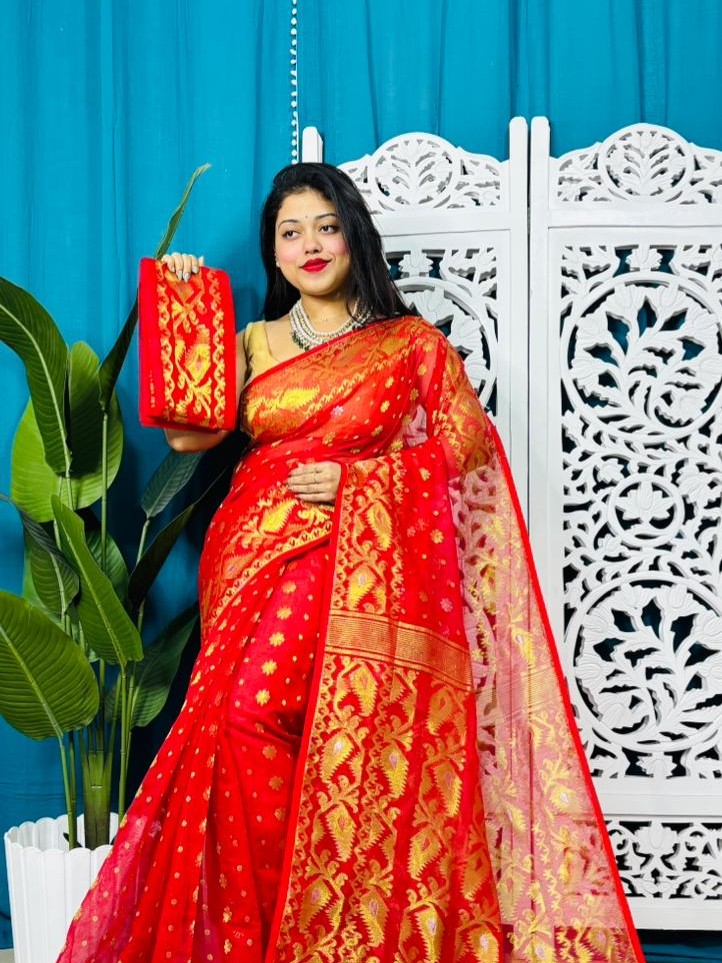 Red Soft Golden Buti Jamdani Sari With Blouse Piece