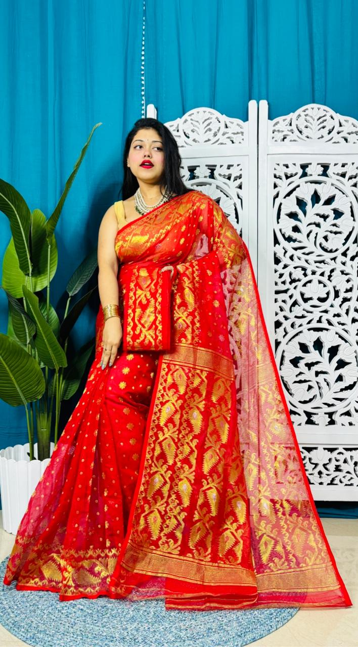 Red Soft Golden Buti Jamdani Sari With Blouse Piece