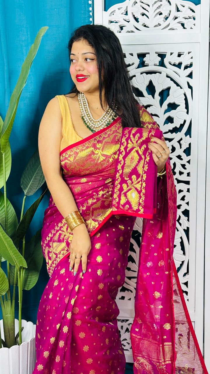 Red Purple Soft Golden Buti Jamdani Sari With Blouse Piece