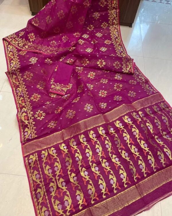 Red Purple Soft Joriwork Jamdani Sari With Blouse Piece