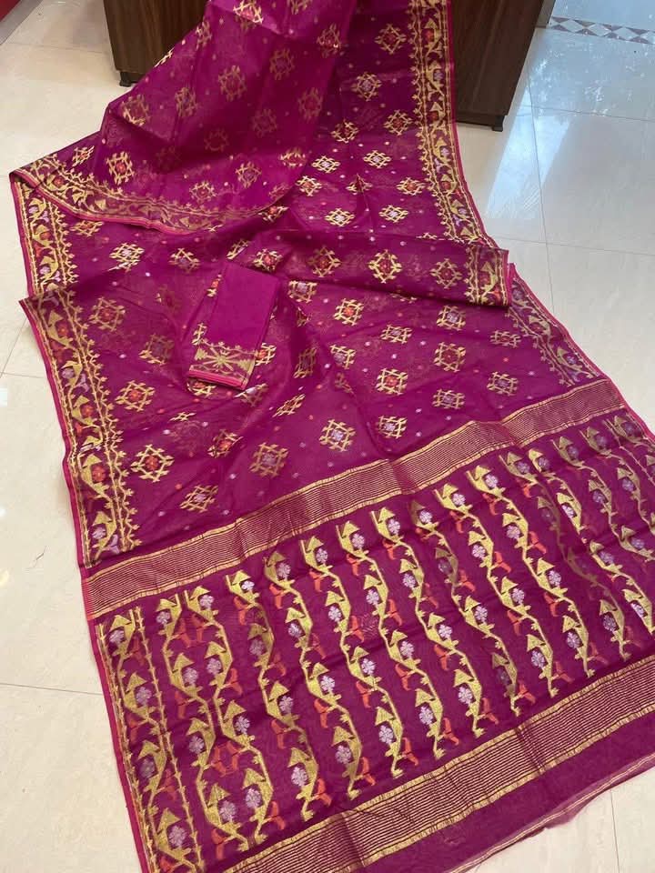 Red Purple Soft Joriwork Jamdani Sari With Blouse Piece