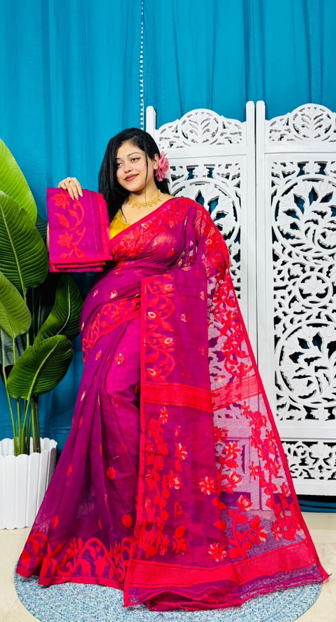 Red Purple Soft Lota Jamdani Sari With Blouse Piece
