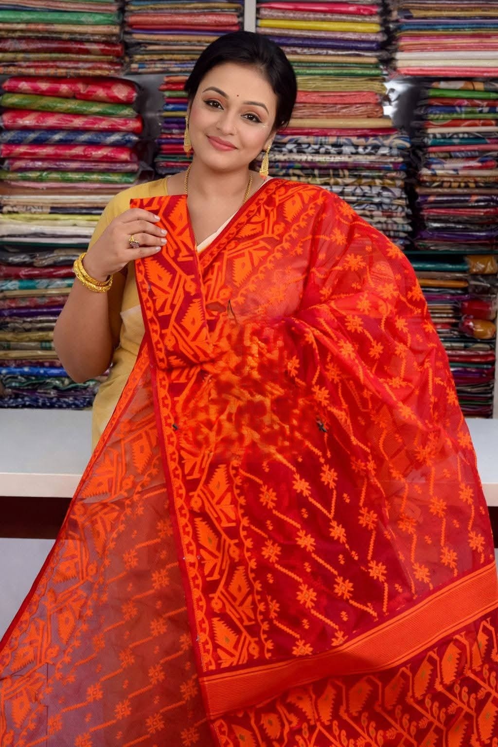 Red Soft Buti Jamdani Sari With Blouse Piece