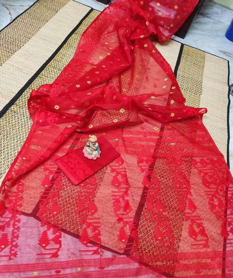 Red Soft Buti Karat Jamdani Sari With Blouse Piece