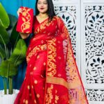 Red Soft Lota Jamdani Sari With Blouse Piece