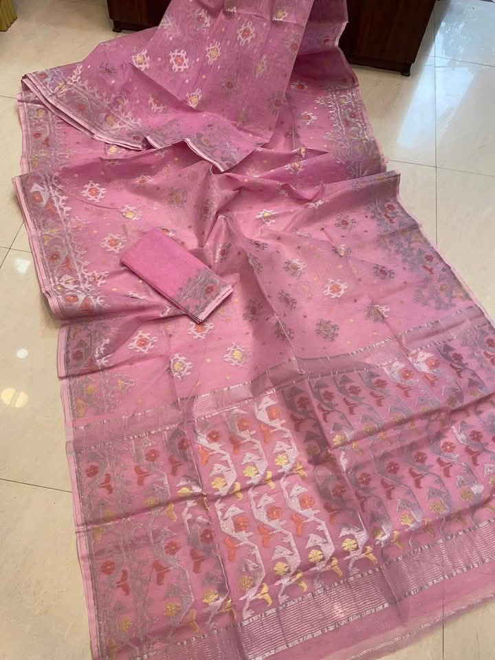 Rose Pink Soft Joriwork Jamdani Sari With Blouse Piece