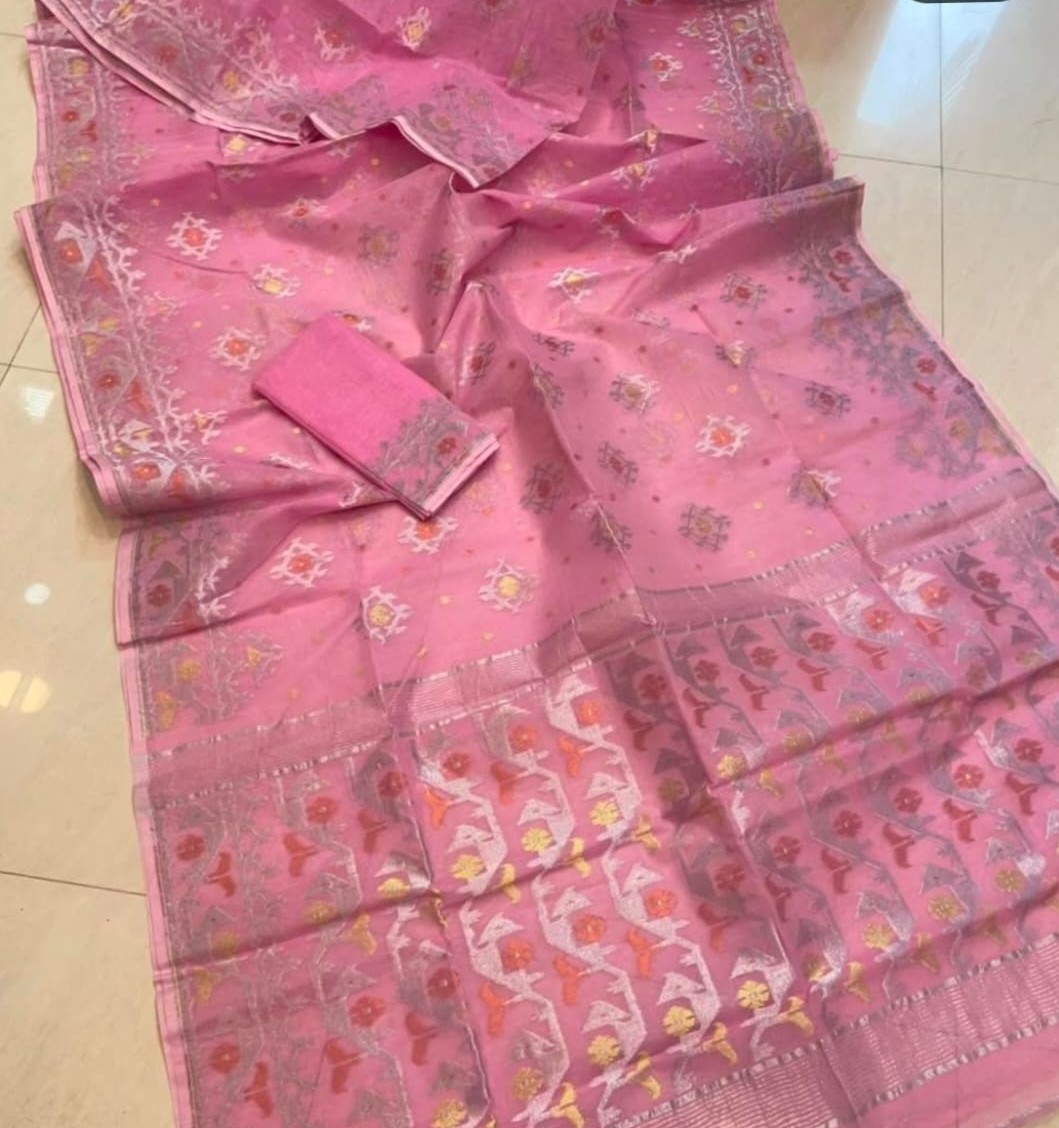 Rose Pink Soft Joriwork Jamdani Sari With Blouse Piece