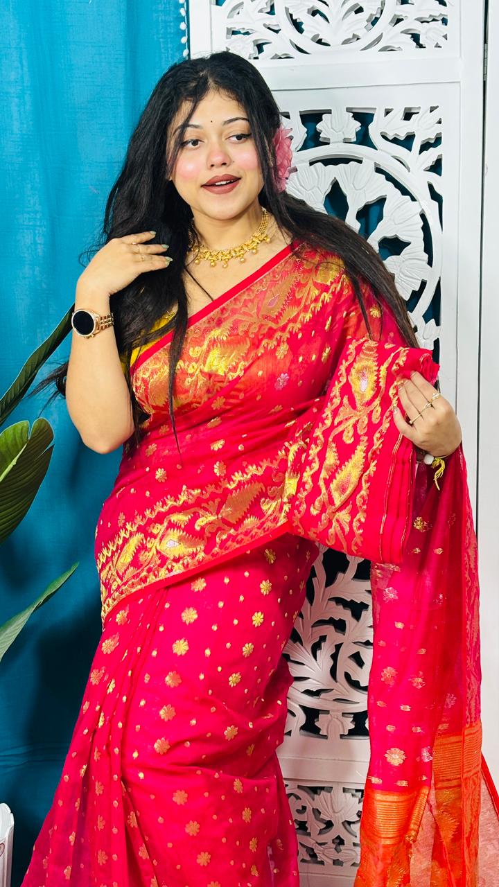 Rose Red And Red Soft Golden Buti Jamdani Sari With Blouse Piece
