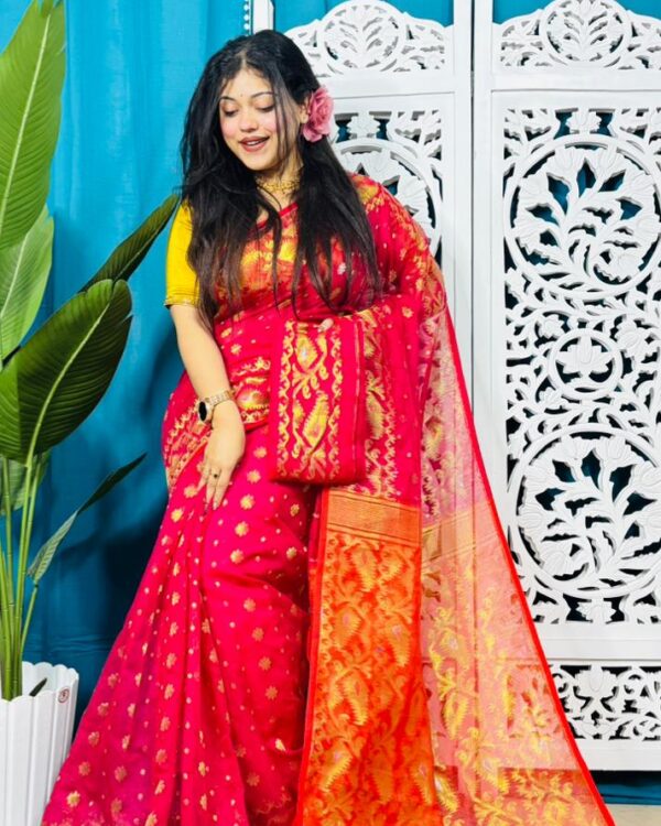 Rose Red And Red Soft Golden Buti Jamdani Sari With Blouse Piece