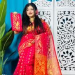 Rose Red And Red Soft Golden Buti Jamdani Sari With Blouse Piece