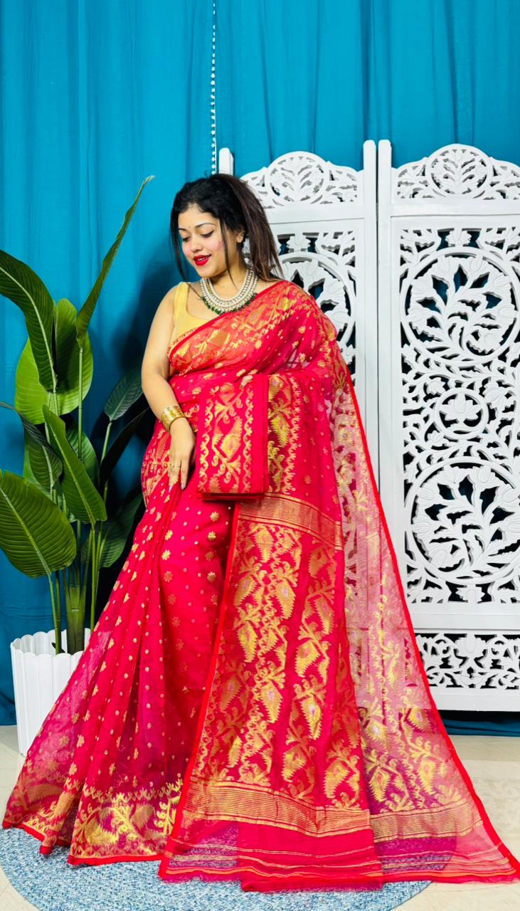 Rose Red Soft Golden Buti Jamdani Sari With Blouse Piece
