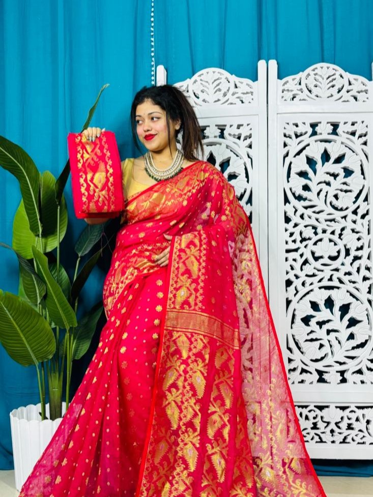 Rose Red Soft Golden Buti Jamdani Sari With Blouse Piece