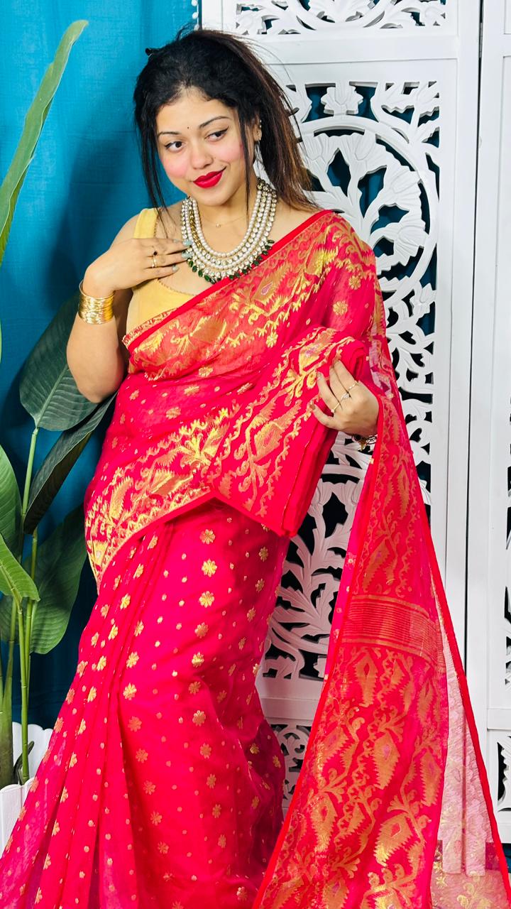 Rose Red Soft Golden Buti Jamdani Sari With Blouse Piece