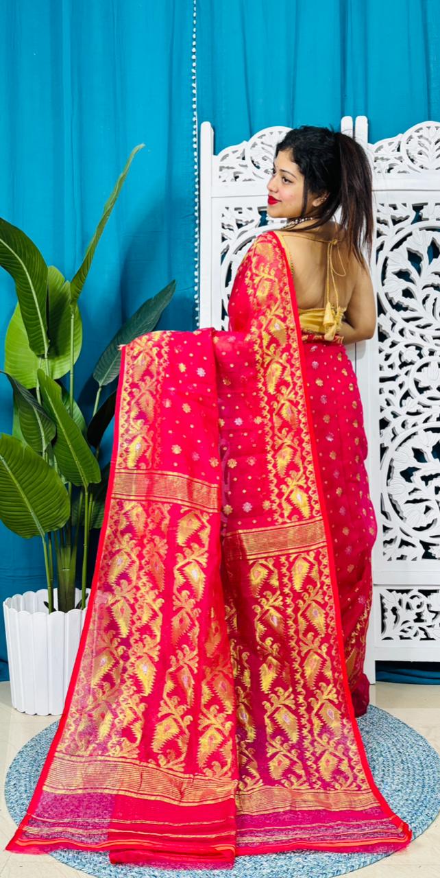 Rose Red Soft Golden Buti Jamdani Sari With Blouse Piece