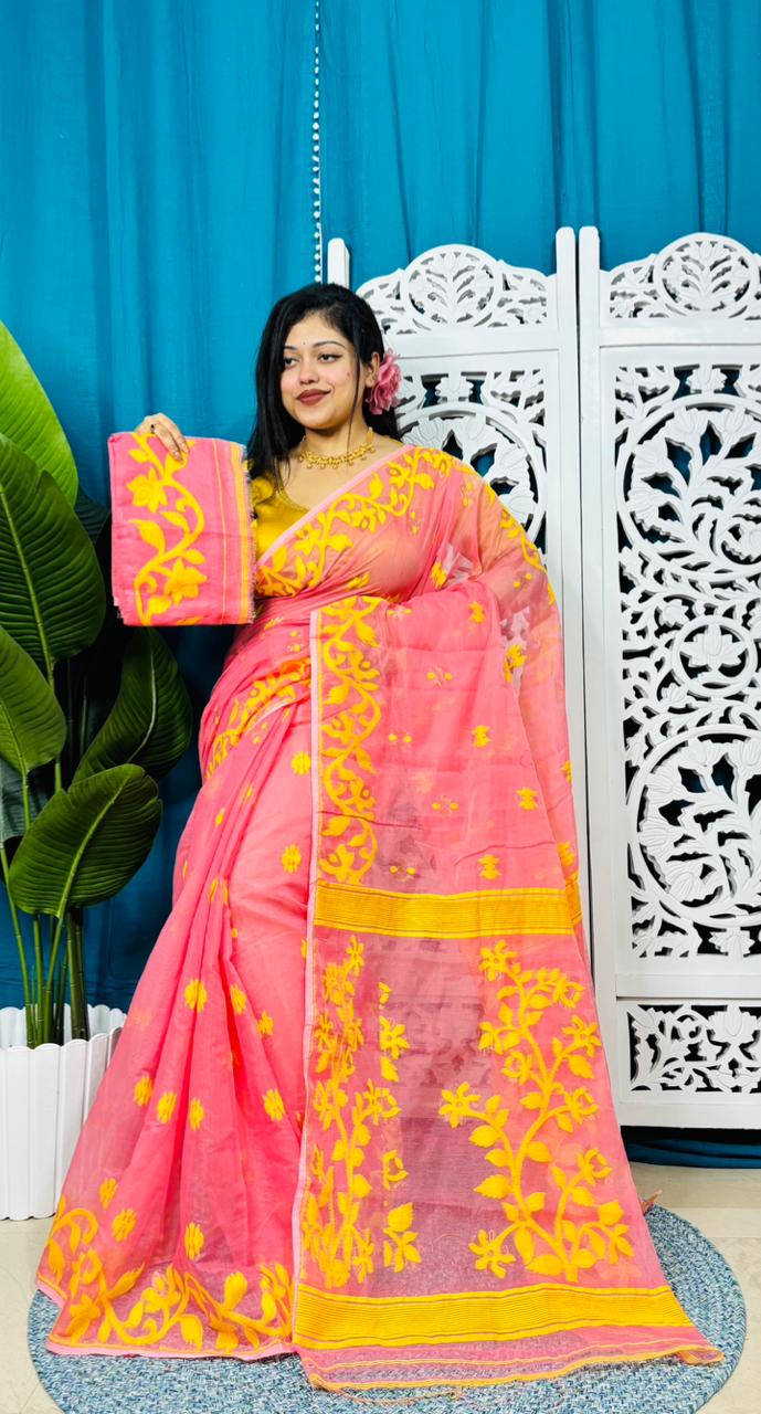 Salmon Pink Soft Lota Jamdani Sari With Blouse Piece
