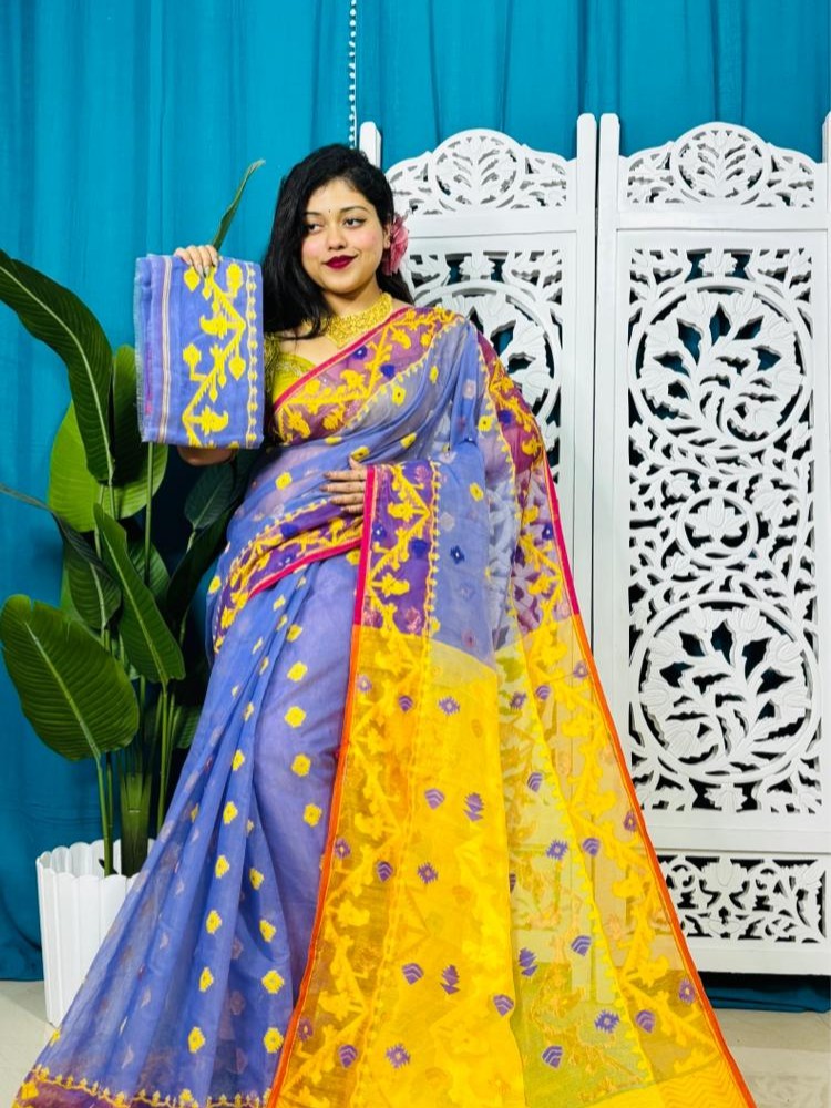 Tufts Blue Korat Buti Soft Jamdani Sari With Blouse Piece
