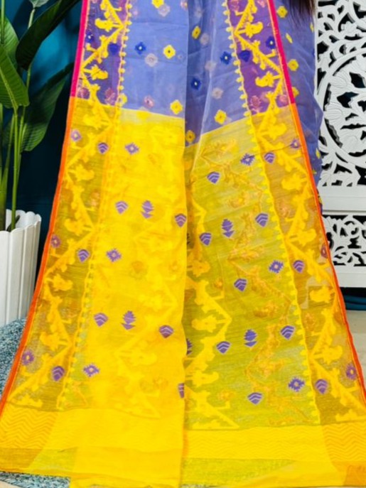 Tufts Blue Korat Buti Soft Jamdani Sari With Blouse Piece